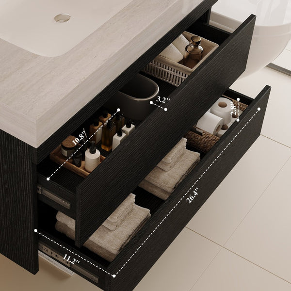 English Elm 29.9 Floating Bathroom Vanity Sintered Stone Top Ceramic Undermount Sink Two Drawers Black, Stone Gray W3136S00096