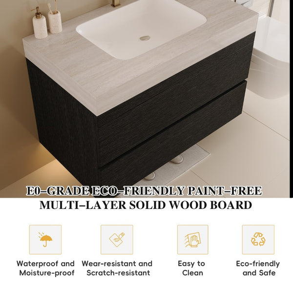 English Elm 29.9 Floating Bathroom Vanity Sintered Stone Top Ceramic Undermount Sink Two Drawers Black, Stone Gray W3136S00096