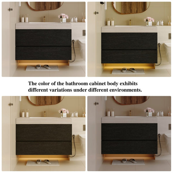 English Elm 29.9 Floating Bathroom Vanity Sintered Stone Top Ceramic Undermount Sink Two Drawers Black, Stone Gray W3136S00096