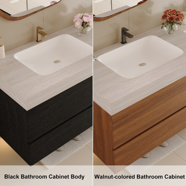 English Elm 29.9 Floating Bathroom Vanity Sintered Stone Top Ceramic Undermount Sink Two Drawers Black, Stone Gray W3136S00096