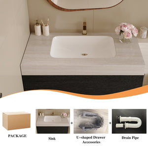 English Elm 29.9 Floating Bathroom Vanity Sintered Stone Top Ceramic Undermount Sink Two Drawers Black, Stone Gray W3136S00096