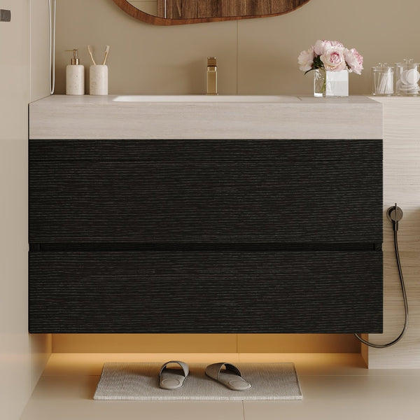 English Elm 29.9 Floating Bathroom Vanity Sintered Stone Top Ceramic Undermount Sink Two Drawers Black, Stone Gray W3136S00096
