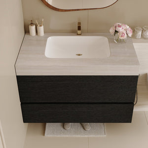English Elm 29.9 Floating Bathroom Vanity Sintered Stone Top Ceramic Undermount Sink Two Drawers Black, Stone Gray W3136S00096