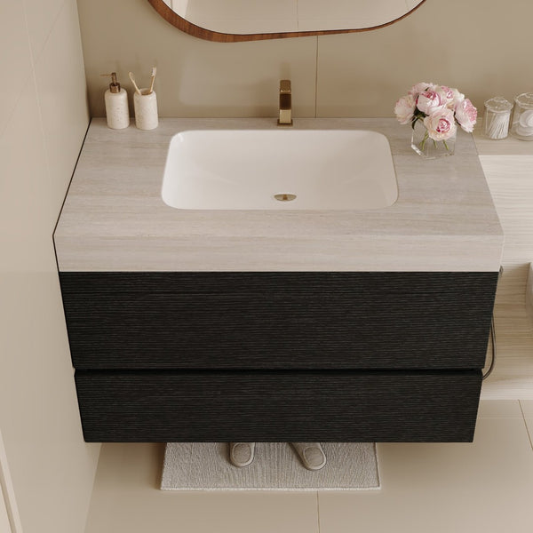 English Elm 29.9 Floating Bathroom Vanity Sintered Stone Top Ceramic Undermount Sink Two Drawers Black, Stone Gray W3136S00096