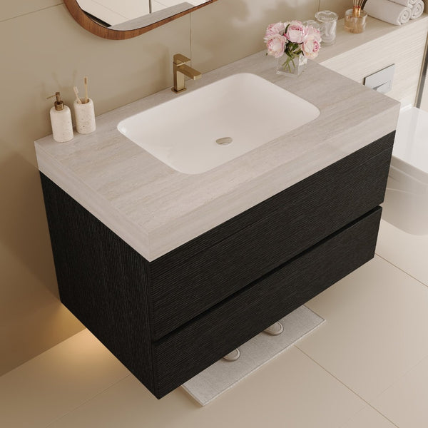 English Elm 29.9 Floating Bathroom Vanity Sintered Stone Top Ceramic Undermount Sink Two Drawers Black, Stone Gray W3136S00096