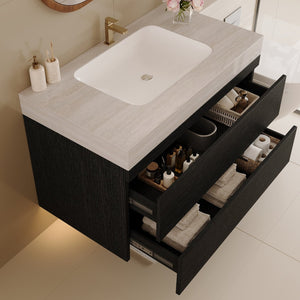 English Elm 29.9 Floating Bathroom Vanity Sintered Stone Top Ceramic Undermount Sink Two Drawers Black, Stone Gray W3136S00096