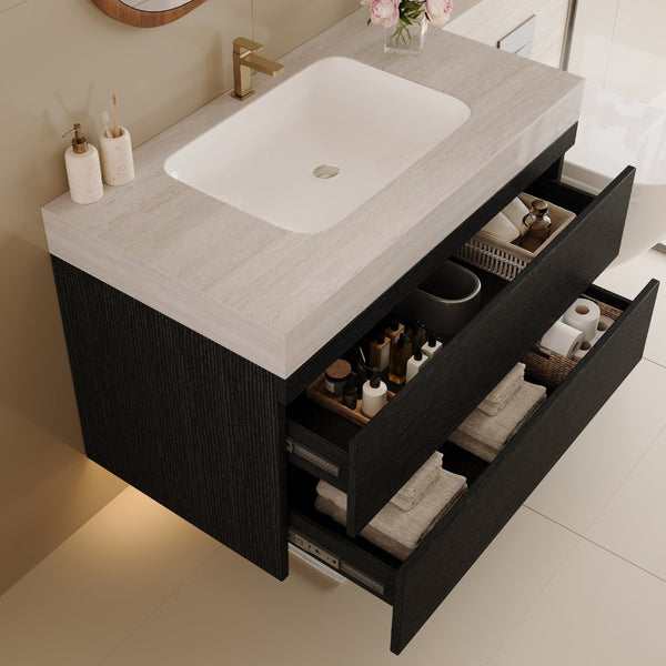 English Elm 29.9 Floating Bathroom Vanity Sintered Stone Top Ceramic Undermount Sink Two Drawers Black, Stone Gray W3136S00096