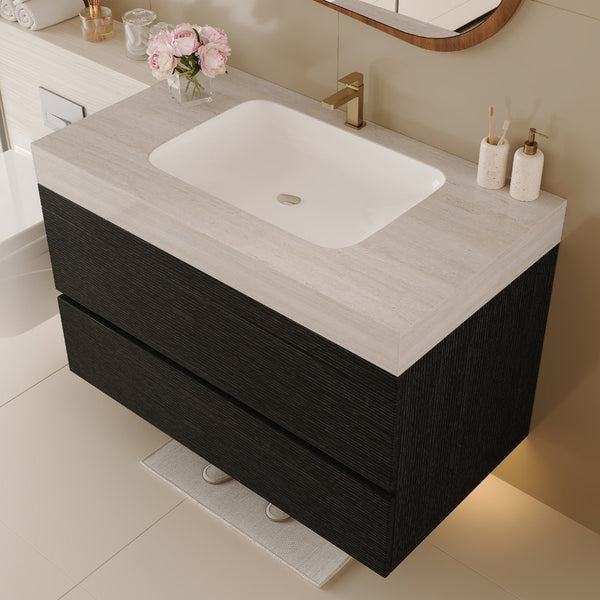 English Elm 29.9 Floating Bathroom Vanity Sintered Stone Top Ceramic Undermount Sink Two Drawers Black, Stone Gray W3136S00096