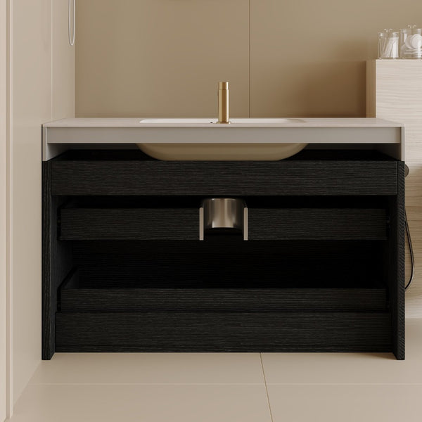 English Elm 29.9 Floating Bathroom Vanity Sintered Stone Top Ceramic Undermount Sink Two Drawers Black, Stone Gray W3136S00096