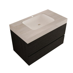 English Elm 29.9 Floating Bathroom Vanity Sintered Stone Top Ceramic Undermount Sink Two Drawers Black, Stone Gray W3136S00096