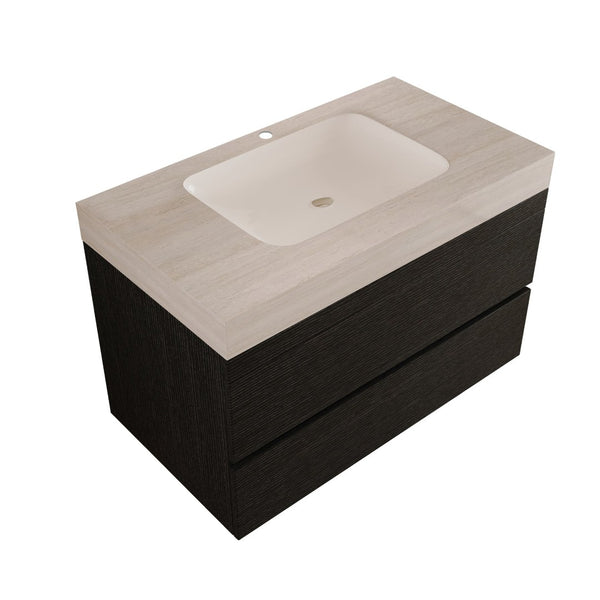 English Elm 29.9 Floating Bathroom Vanity Sintered Stone Top Ceramic Undermount Sink Two Drawers Black, Stone Gray W3136S00096