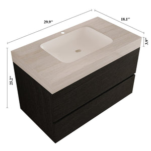 English Elm 29.9 Floating Bathroom Vanity Sintered Stone Top Ceramic Undermount Sink Two Drawers Black, Stone Gray W3136S00096