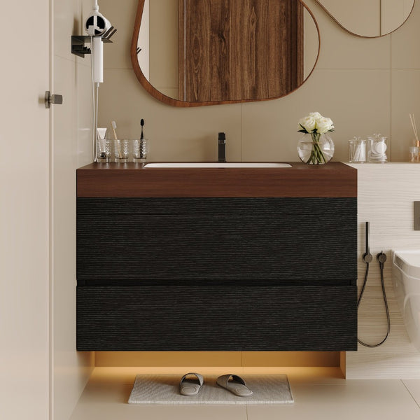 English Elm 29.9 Floating Bathroom Vanity Sintered Stone Top Ceramic Undermount Sink Two Drawers Black, Walnut W3136S00097
