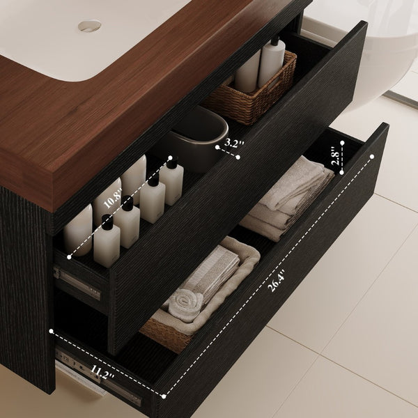 English Elm 29.9 Floating Bathroom Vanity Sintered Stone Top Ceramic Undermount Sink Two Drawers Black, Walnut W3136S00097