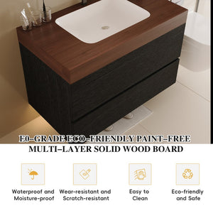 English Elm 29.9 Floating Bathroom Vanity Sintered Stone Top Ceramic Undermount Sink Two Drawers Black, Walnut W3136S00097