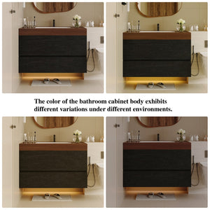 English Elm 29.9 Floating Bathroom Vanity Sintered Stone Top Ceramic Undermount Sink Two Drawers Black, Walnut W3136S00097