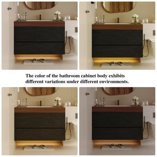 English Elm 29.9 Floating Bathroom Vanity Sintered Stone Top Ceramic Undermount Sink Two Drawers Black, Walnut W3136S00097