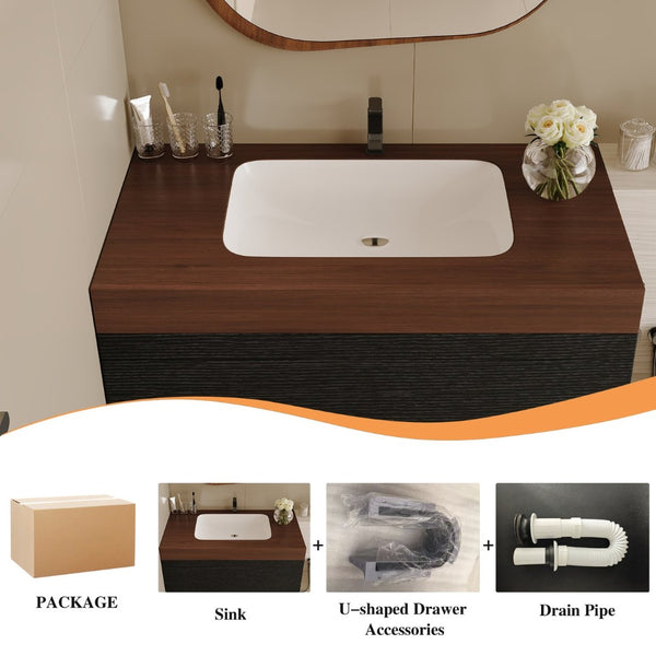 English Elm 29.9 Floating Bathroom Vanity Sintered Stone Top Ceramic Undermount Sink Two Drawers Black, Walnut W3136S00097