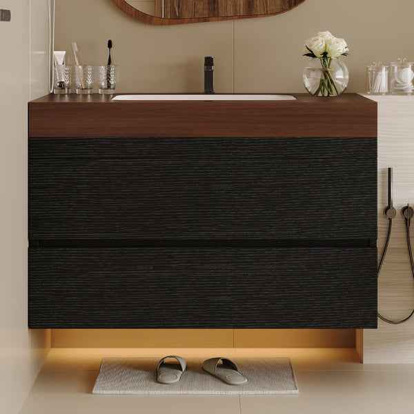 English Elm 29.9 Floating Bathroom Vanity Sintered Stone Top Ceramic Undermount Sink Two Drawers Black, Walnut W3136S00097