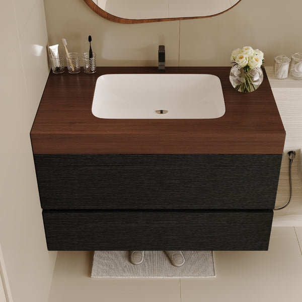 English Elm 29.9 Floating Bathroom Vanity Sintered Stone Top Ceramic Undermount Sink Two Drawers Black, Walnut W3136S00097