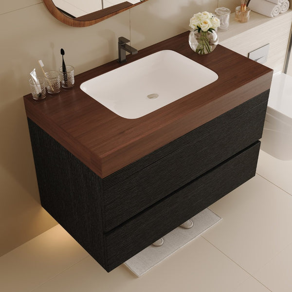 English Elm 29.9 Floating Bathroom Vanity Sintered Stone Top Ceramic Undermount Sink Two Drawers Black, Walnut W3136S00097