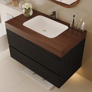 English Elm 29.9 Floating Bathroom Vanity Sintered Stone Top Ceramic Undermount Sink Two Drawers Black, Walnut W3136S00097