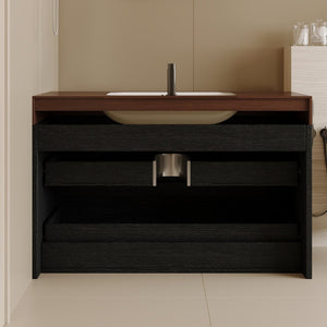 English Elm 29.9 Floating Bathroom Vanity Sintered Stone Top Ceramic Undermount Sink Two Drawers Black, Walnut W3136S00097