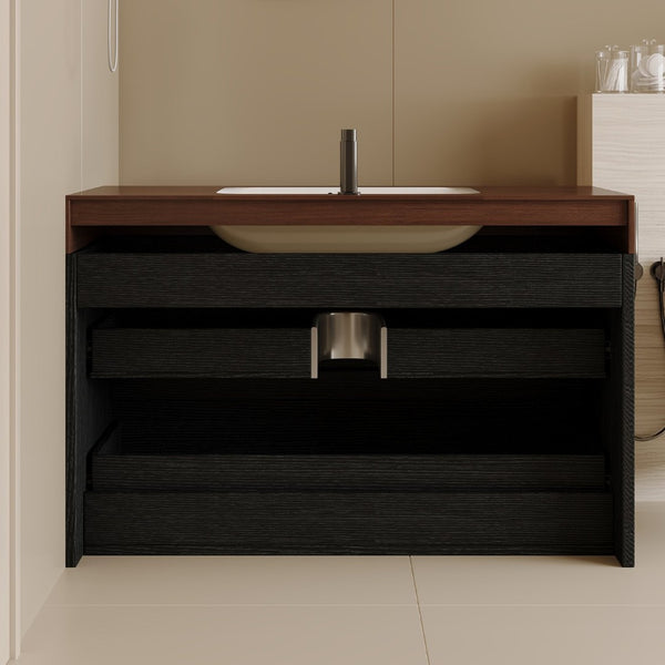 English Elm 29.9 Floating Bathroom Vanity Sintered Stone Top Ceramic Undermount Sink Two Drawers Black, Walnut W3136S00097
