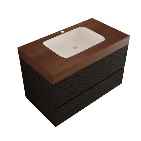 English Elm 29.9 Floating Bathroom Vanity Sintered Stone Top Ceramic Undermount Sink Two Drawers Black, Walnut W3136S00097