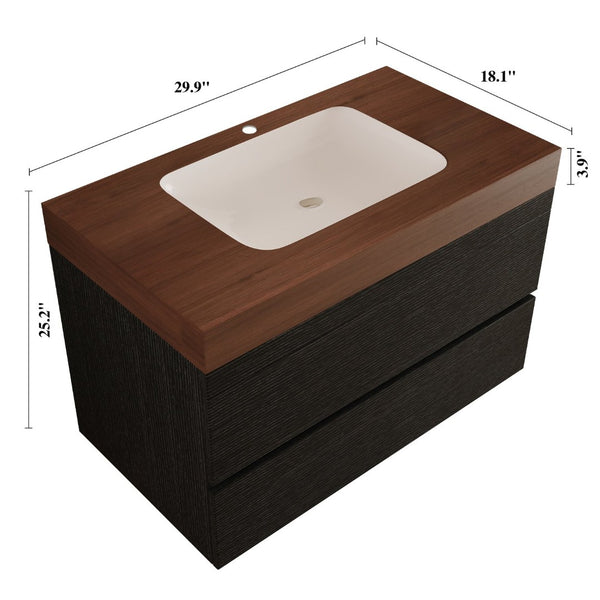 English Elm 29.9 Floating Bathroom Vanity Sintered Stone Top Ceramic Undermount Sink Two Drawers Black, Walnut W3136S00097