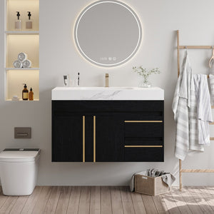 English Elm 36" Floating Bathroom Vanity Sintered Stone Surface Undermount Ceramic Sink Modern Bath Black, White W3136S00098