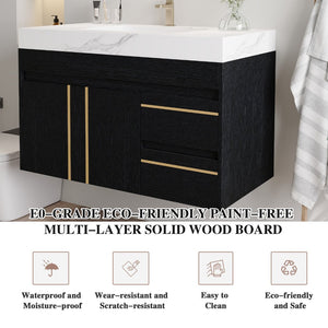English Elm 36" Floating Bathroom Vanity Sintered Stone Surface Undermount Ceramic Sink Modern Bath Black, White W3136S00098