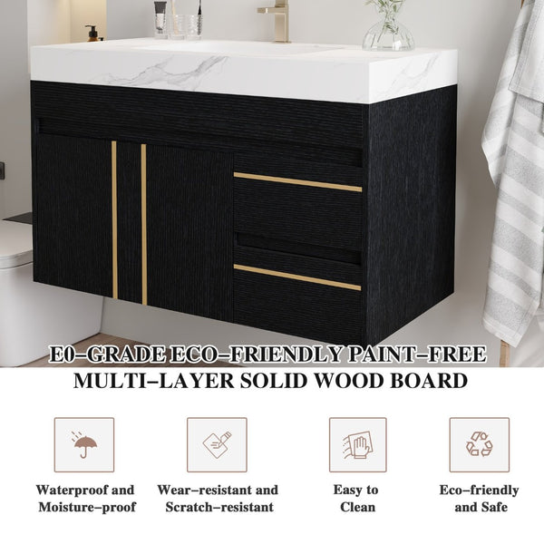 English Elm 36" Floating Bathroom Vanity Sintered Stone Surface Undermount Ceramic Sink Modern Bath Black, White W3136S00098