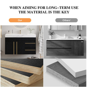 English Elm 36" Floating Bathroom Vanity Sintered Stone Surface Undermount Ceramic Sink Modern Bath Black, White W3136S00098