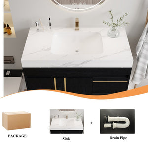 English Elm 36" Floating Bathroom Vanity Sintered Stone Surface Undermount Ceramic Sink Modern Bath Black, White W3136S00098