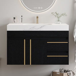English Elm 36" Floating Bathroom Vanity Sintered Stone Surface Undermount Ceramic Sink Modern Bath Black, White W3136S00098