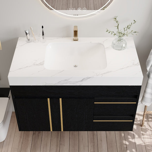 English Elm 36" Floating Bathroom Vanity Sintered Stone Surface Undermount Ceramic Sink Modern Bath Black, White W3136S00098