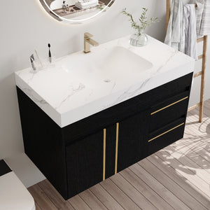 English Elm 36" Floating Bathroom Vanity Sintered Stone Surface Undermount Ceramic Sink Modern Bath Black, White W3136S00098
