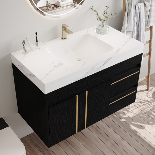 English Elm 36" Floating Bathroom Vanity Sintered Stone Surface Undermount Ceramic Sink Modern Bath Black, White W3136S00098