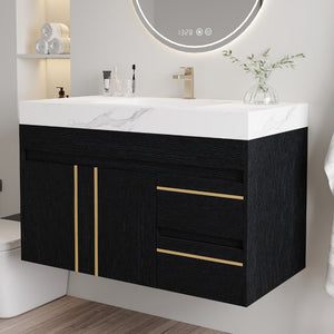English Elm 36" Floating Bathroom Vanity Sintered Stone Surface Undermount Ceramic Sink Modern Bath Black, White W3136S00098