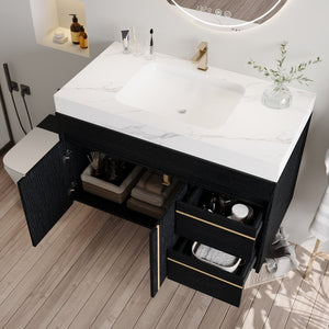 English Elm 36" Floating Bathroom Vanity Sintered Stone Surface Undermount Ceramic Sink Modern Bath Black, White W3136S00098