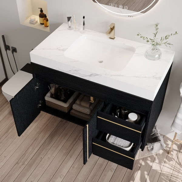 English Elm 36" Floating Bathroom Vanity Sintered Stone Surface Undermount Ceramic Sink Modern Bath Black, White W3136S00098
