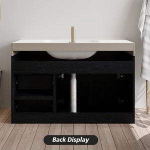 English Elm 36" Floating Bathroom Vanity Sintered Stone Surface Undermount Ceramic Sink Modern Bath Black, White W3136S00098