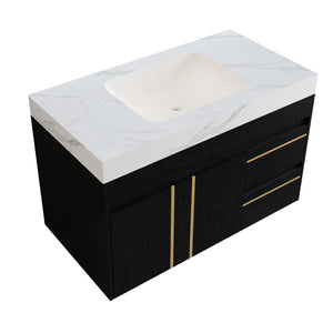 English Elm 36" Floating Bathroom Vanity Sintered Stone Surface Undermount Ceramic Sink Modern Bath Black, White W3136S00098