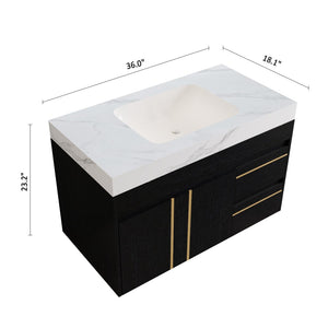 English Elm 36" Floating Bathroom Vanity Sintered Stone Surface Undermount Ceramic Sink Modern Bath Black, White W3136S00098
