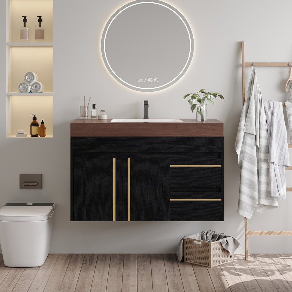 English Elm 36" Floating Bathroom Vanity Sintered Stone Surface Undermount Ceramic Sink Modern Bath Black, Walnut W3136S00099