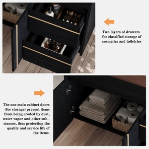 English Elm 36" Floating Bathroom Vanity Sintered Stone Surface Undermount Ceramic Sink Modern Bath Black, Walnut W3136S00099
