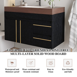English Elm 36" Floating Bathroom Vanity Sintered Stone Surface Undermount Ceramic Sink Modern Bath Black, Walnut W3136S00099