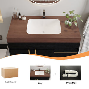 English Elm 36" Floating Bathroom Vanity Sintered Stone Surface Undermount Ceramic Sink Modern Bath Black, Walnut W3136S00099