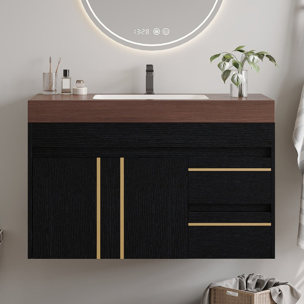 English Elm 36" Floating Bathroom Vanity Sintered Stone Surface Undermount Ceramic Sink Modern Bath Black, Walnut W3136S00099